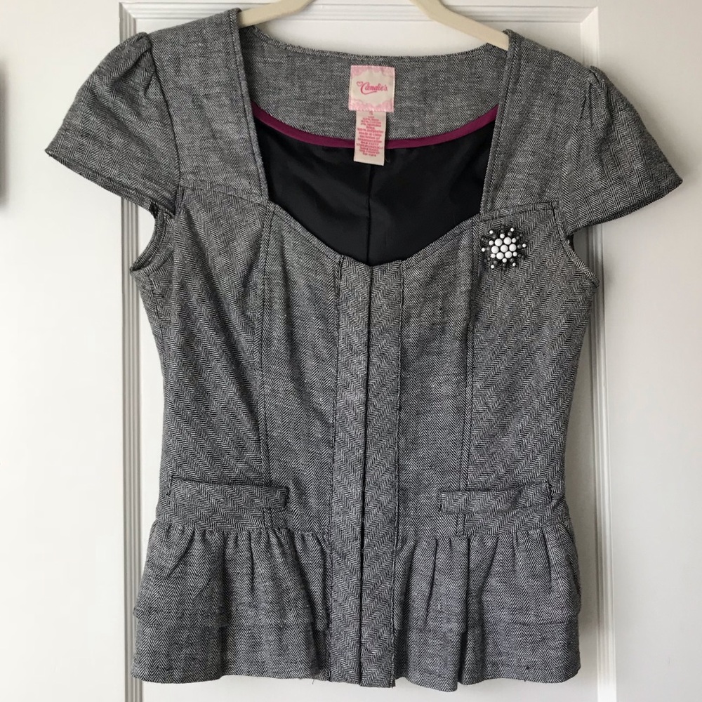 Herringbone Cap Sleeve Ruffled Peplum Hem Top
